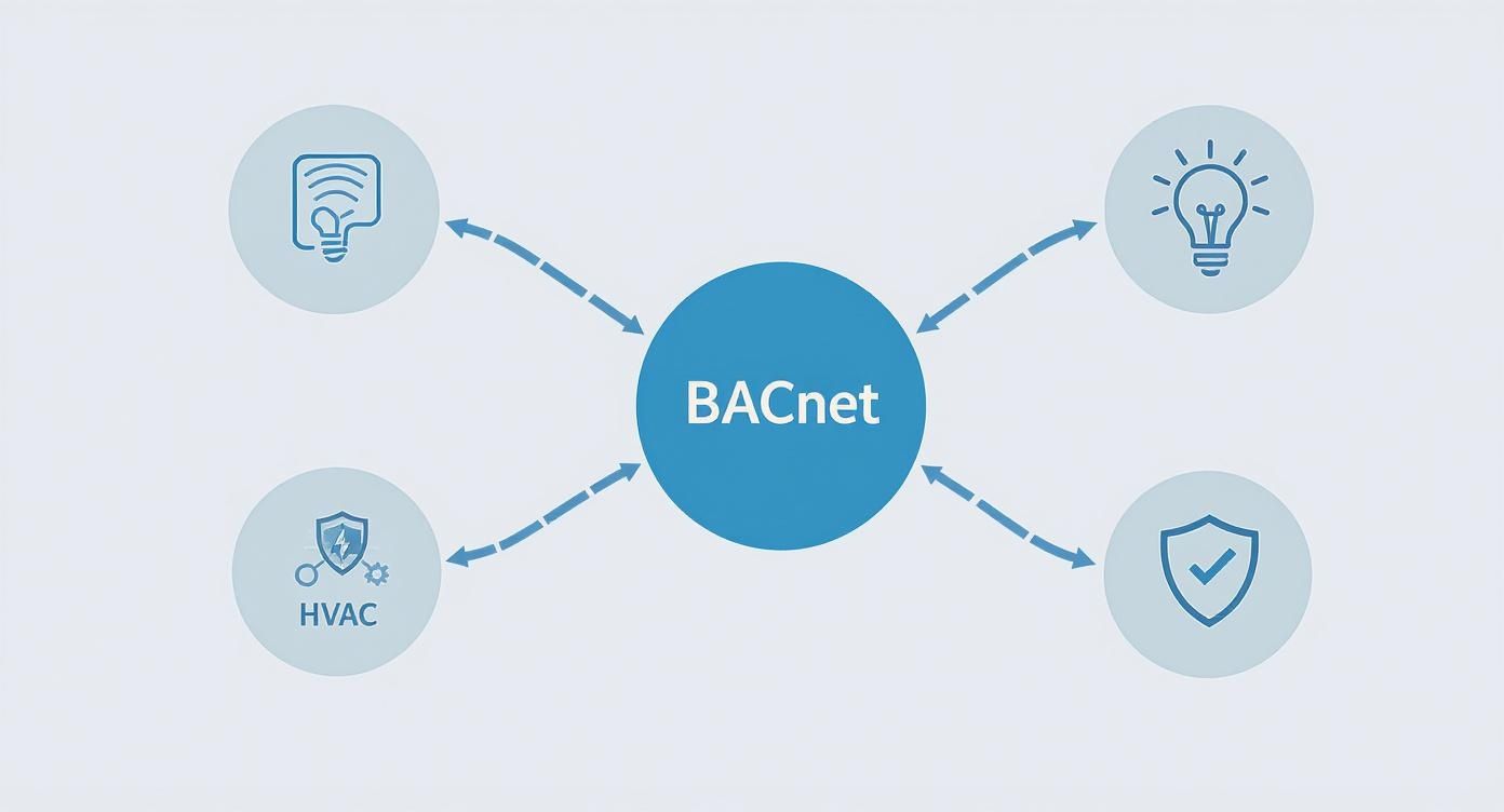 BACnet protocol diagram connecting HVAC, lighting, wireless controls, and security systems in smart buildings.