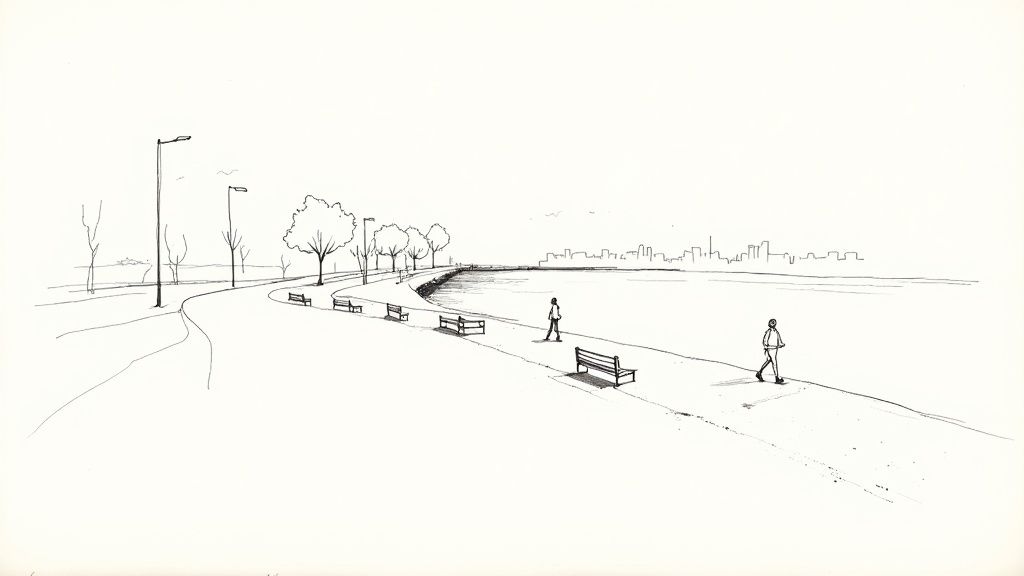 Sketch of peaceful riverside walkway with benches, trees, lamp posts, and pedestrians enjoying waterfront promenade