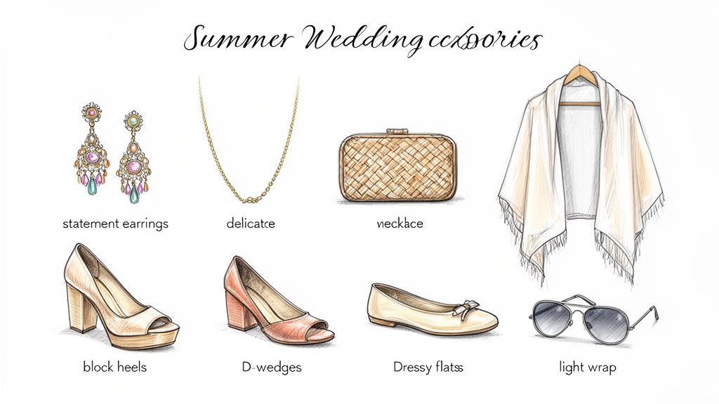 Illustrations of summer wedding accessories including earrings, necklace, clutch, wrap, heels, flats, and sunglasses.