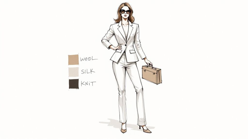 A stylish fashion illustration of a woman wearing a white business suit and sunglasses, holding a briefcase.