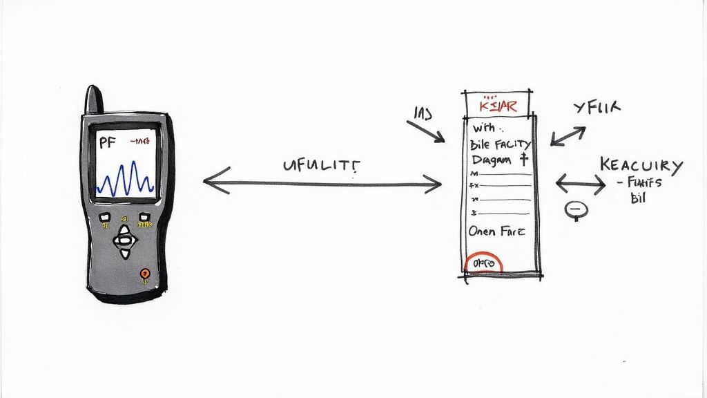 Diagram illustrating a handheld device displaying a waveform connected to a control system box.