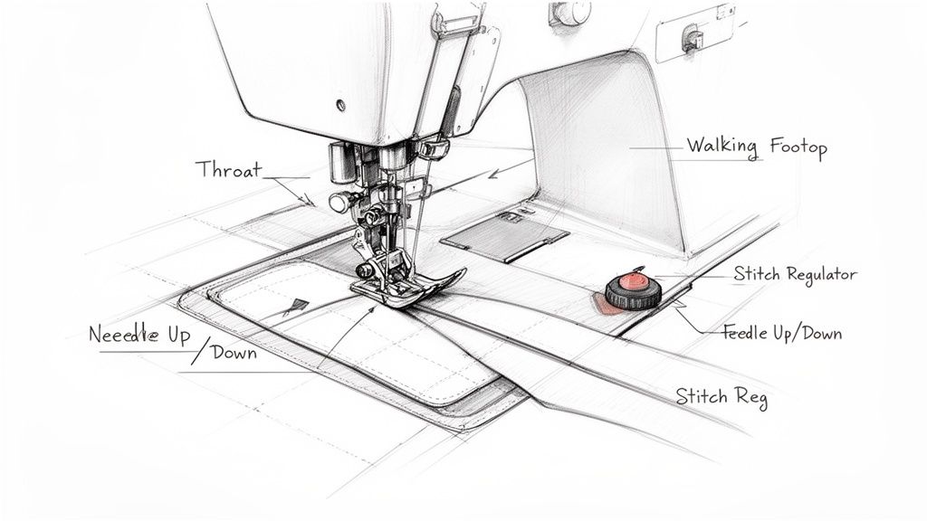 Detailed sketch of a sewing machine's presser foot, needle, and stitch control parts with labels.