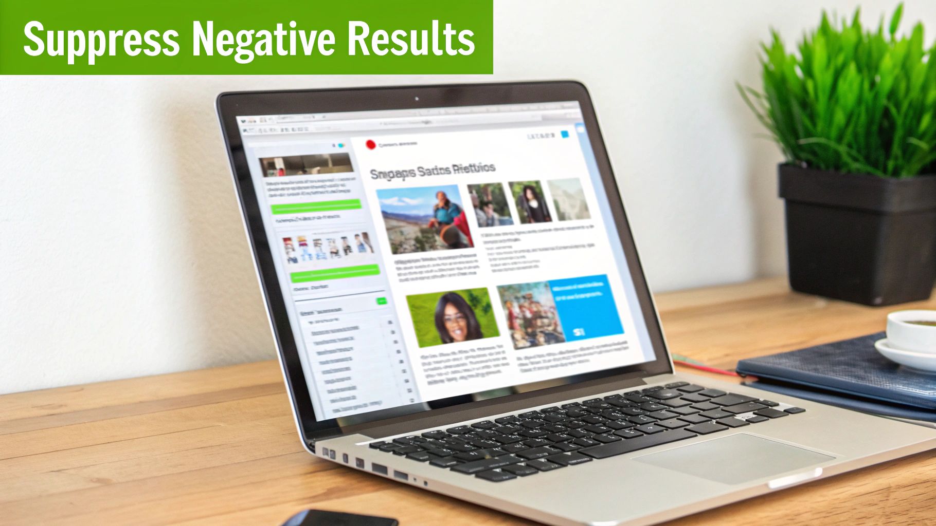 A laptop on a wooden desk with a website displaying articles, symbolizing suppressing negative results.