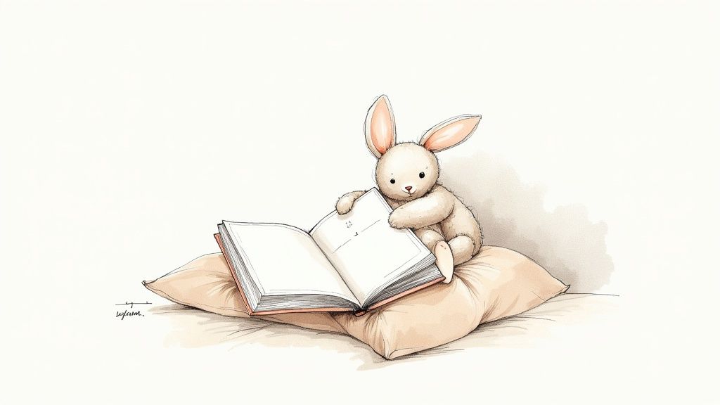 A child reading a Jellycat book with the matching plush toy next to them