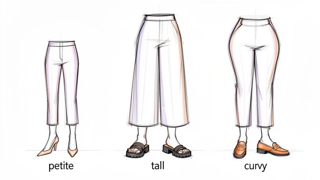 Illustrations of petite, tall, and curvy body types wearing cropped pants with various shoe styles.
