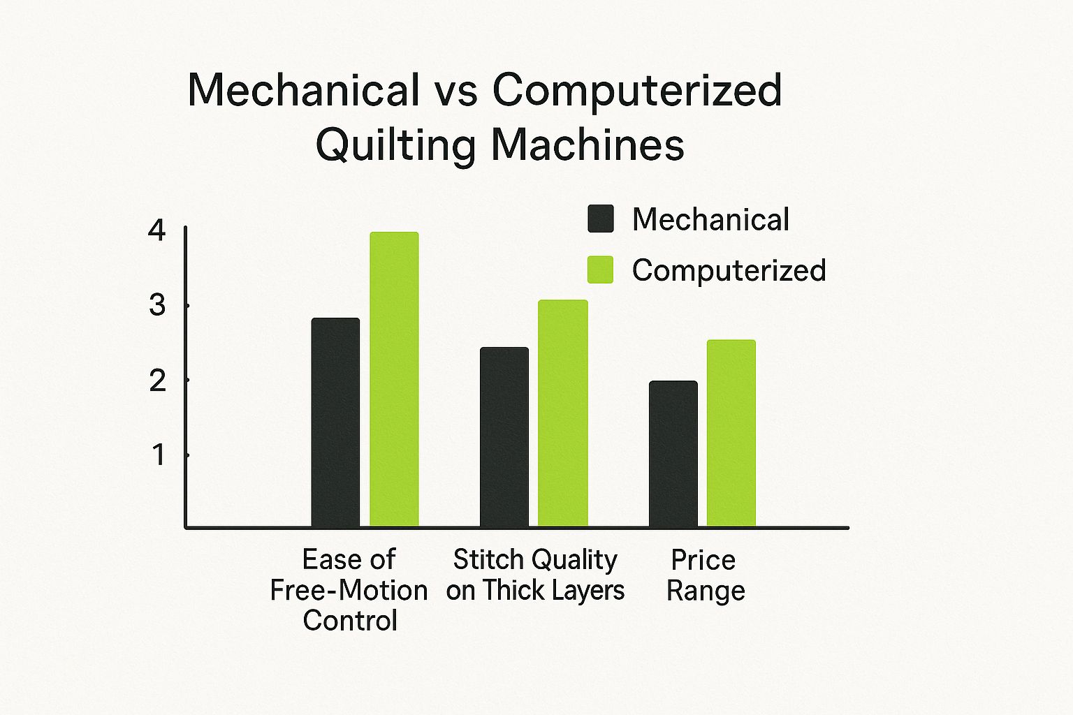 Infographic comparing mechanical vs computerized quilting machines on control, stitch quality, and price.