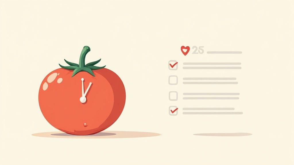 A person working at a desk with a physical red tomato-shaped timer, books, and a laptop, showcasing a realistic application of the Pomodoro technique.