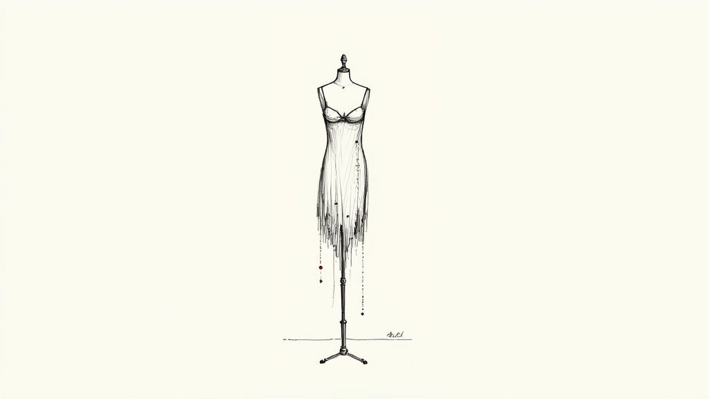 A minimalist sketch of a lingerie slip on a dress form, with a dissolving, beaded hem.