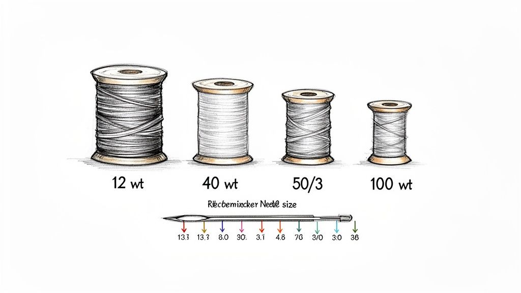 An illustration showing four spools of different thread weights (12, 40, 50/3, 100 wt) and a needle with various size markings.