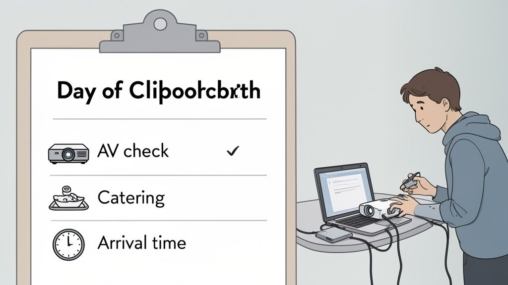 A person sets up a projector and laptop, while a checklist shows AV setup is done for an event.