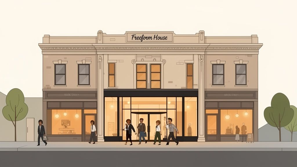 A stylish photograph of the 'Freeform House' building on a bustling Main Street in Jenks, Oklahoma, with pedestrians passing by.