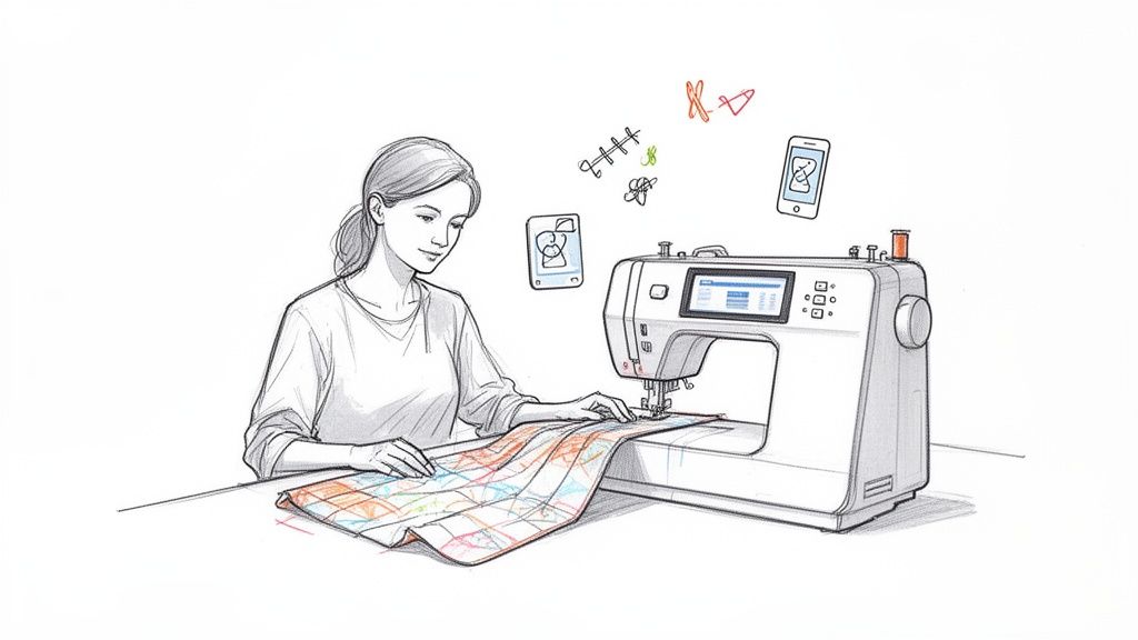 A woman operates a computerized sewing machine, working on a colorful fabric project.