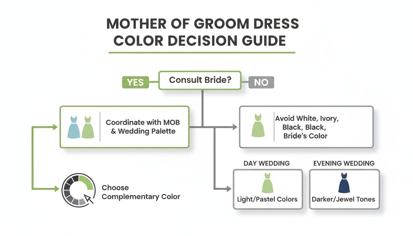 Flowchart decision guide for Mother of Groom dress color, considering bride consultation, wedding palette, and event time.