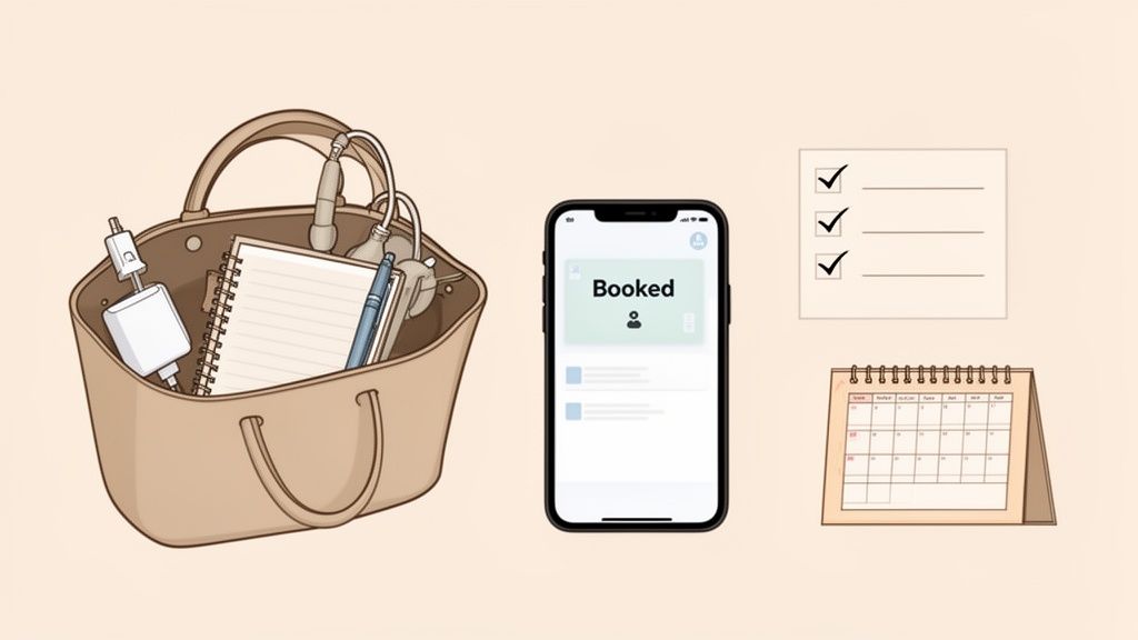 Flat lay of daily essentials: a tote bag with notebook, phone displaying "Booked," a checklist, and a calendar.
