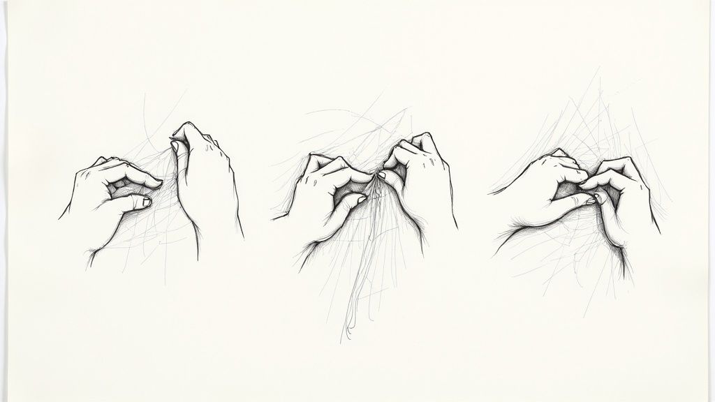 Sequential line drawings depict hands intricately manipulating threads, demonstrating knotting or braiding, against a plain background.