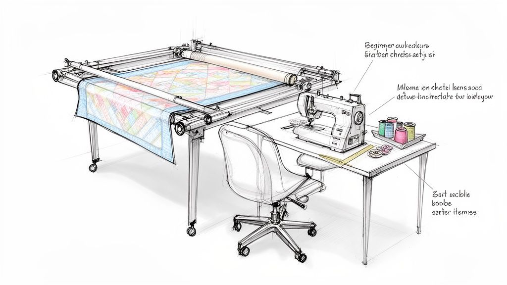 Detailed sketch of a modern quilting studio with a long arm machine, sewing machine, and chair.