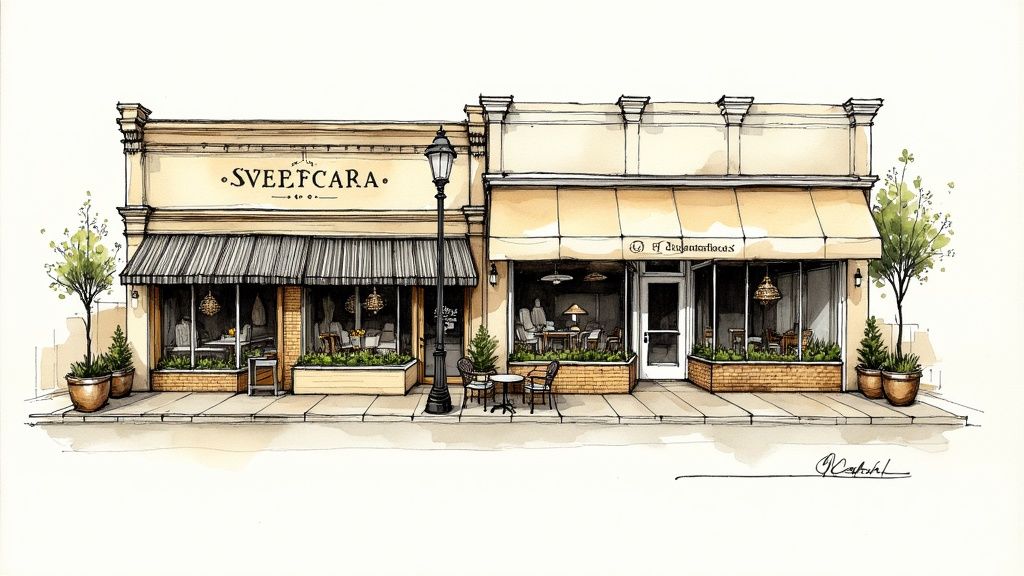 Watercolor illustration of charming storefronts with awnings, a streetlamp, and outdoor seating.