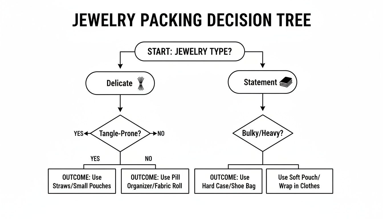 A decision tree flowchart for packing different types of jewelry, from delicate to statement pieces.