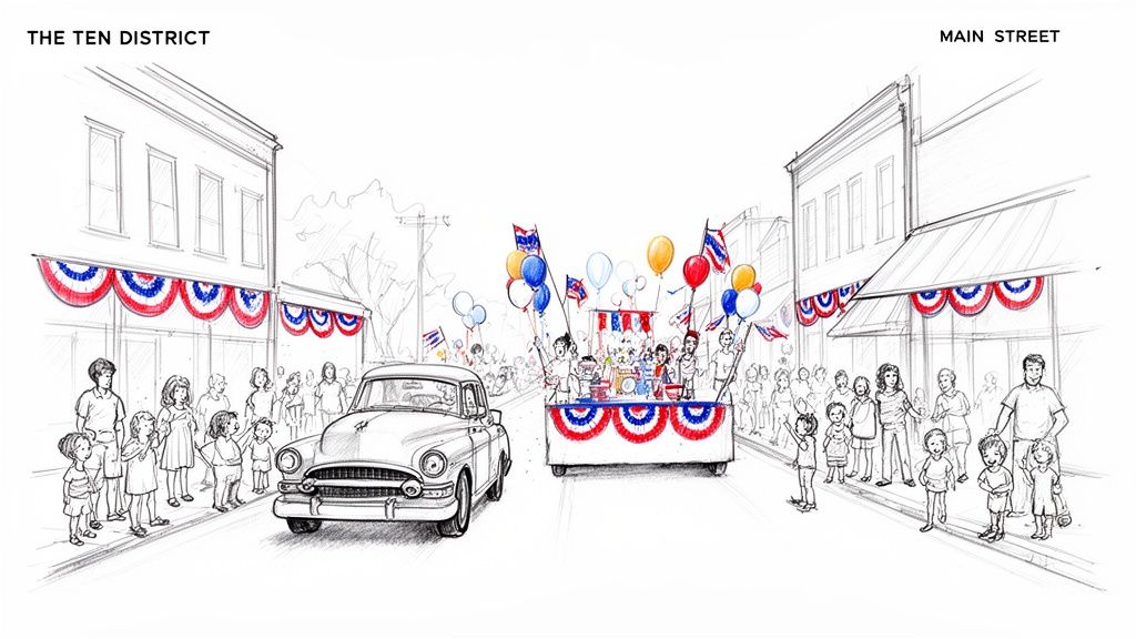 Illustration of a festive Main Street parade with people, classic car, and decorated float.