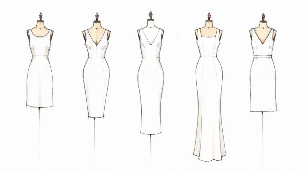Five white dress fashion sketches on mannequins, illustrating various necklines and silhouettes.