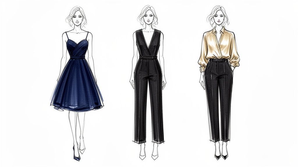 Three fashion illustrations of women in elegant cocktail attire: a blue dress, a black jumpsuit, and a blouse with trousers.