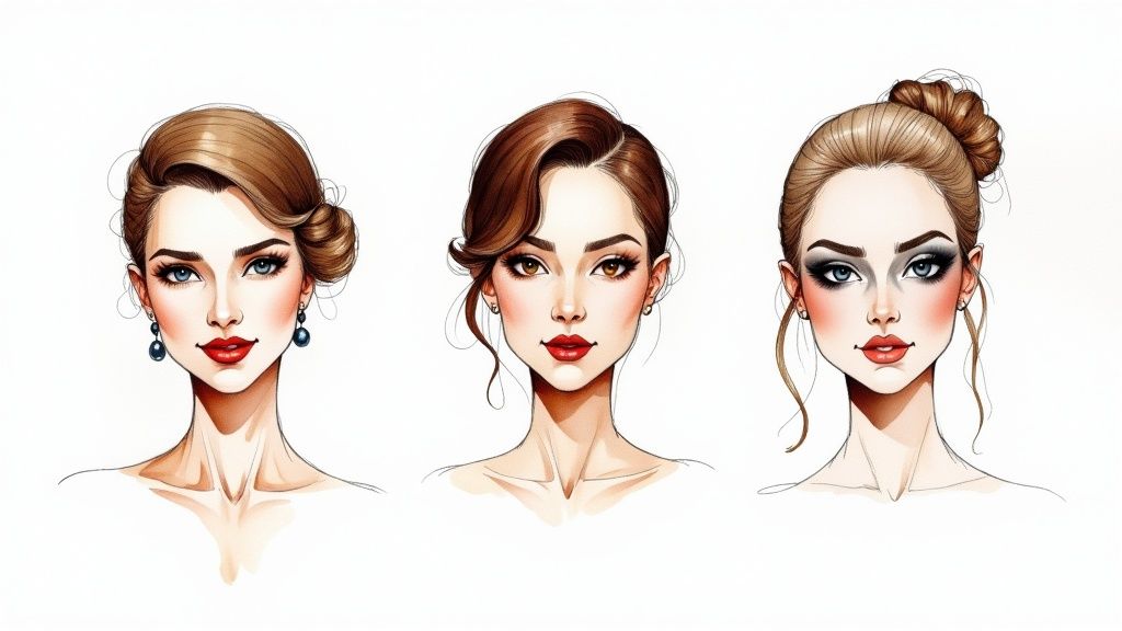 Three illustrated women with elegant hairstyles and diverse makeup looks on a white background.