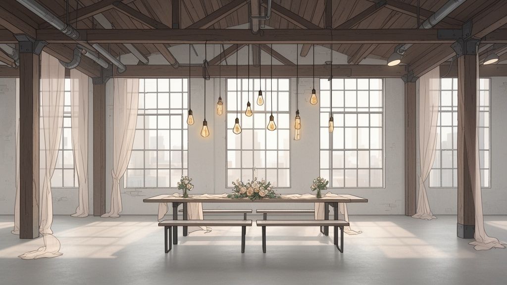 A rustic industrial loft wedding venue with a long wooden table, benches, floral centerpieces, and Edison bulb lighting.