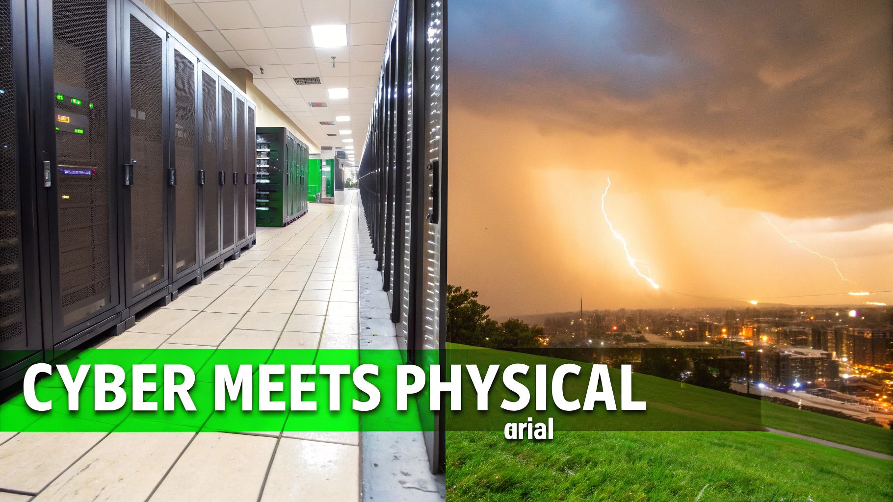 A split image showing a data center with server racks on the left and a lightning storm over a city on the right, captioned 'CYBER MEETS PHYSICAL'.
