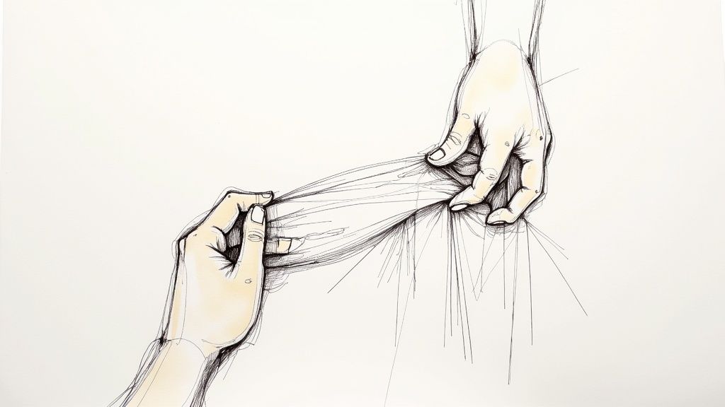 Sewing machine needle stitching a gathered seam onto a piece of flat fabric.