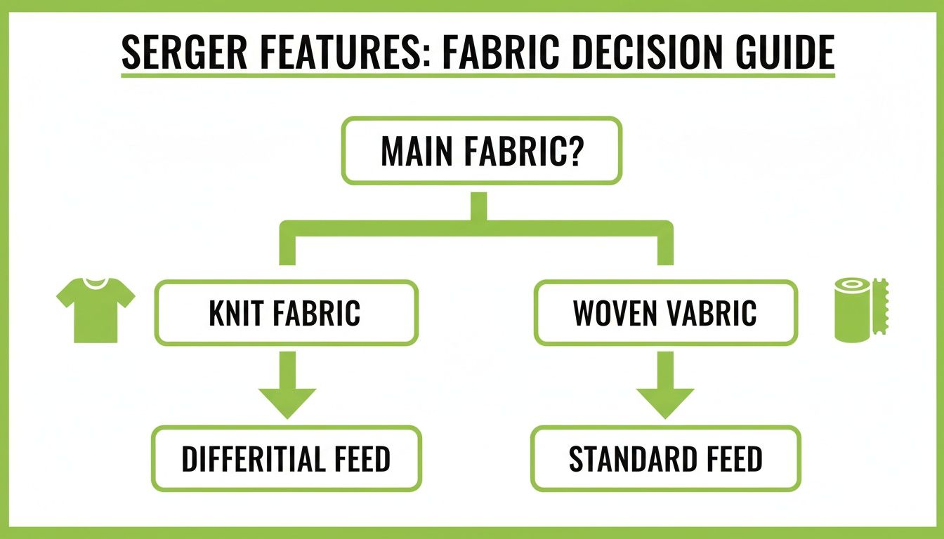 A serger fabric decision guide flowchart showing knit fabric needs differential feed and woven fabric needs standard feed.