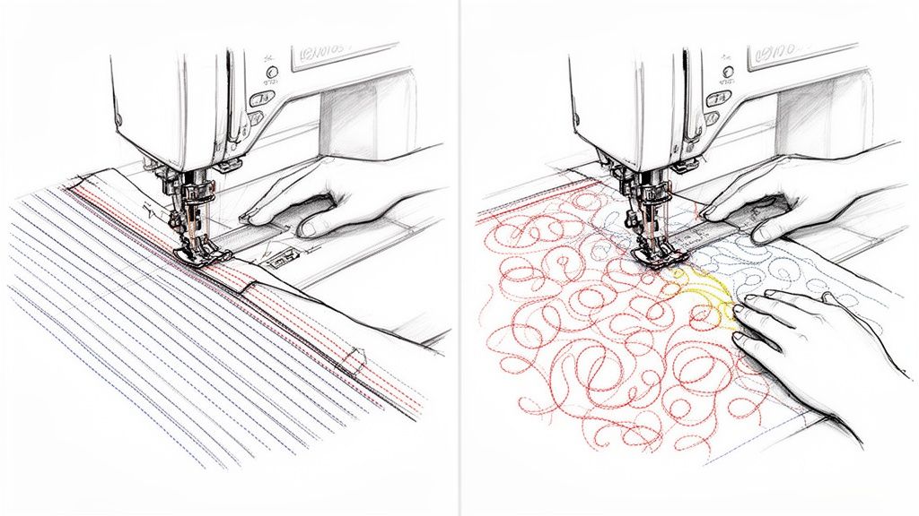 Two illustrations depicting hands using a sewing machine for quilting fabric with different techniques.