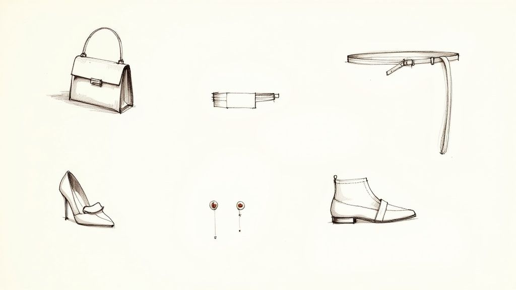 Sketches of various fashion accessories: a handbag, belt, high heel, boot, tie, and earrings.