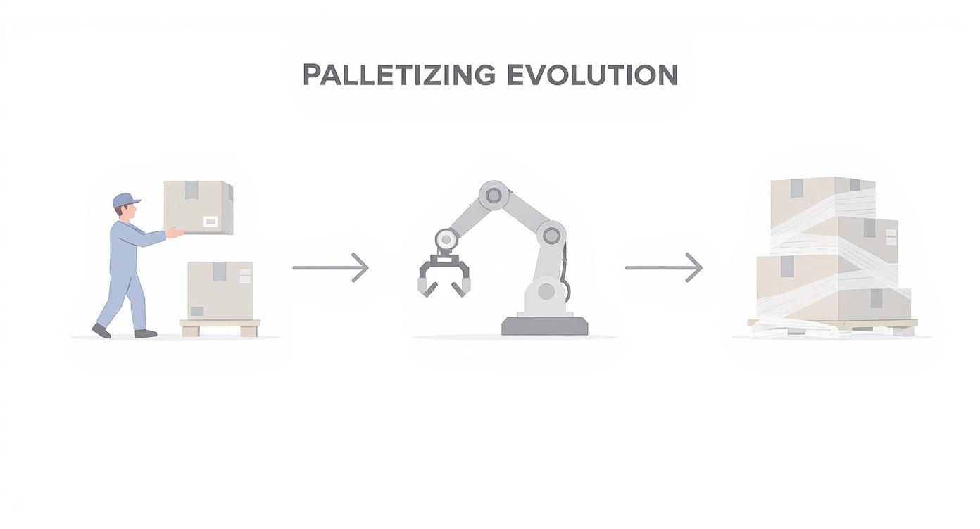 Palletizing evolution diagram showing manual worker, robotic arm, and automated stacked pallets workflow