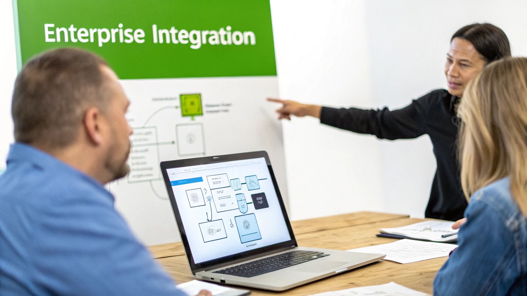People in a meeting discussing enterprise integration, with one person pointing at a diagram.