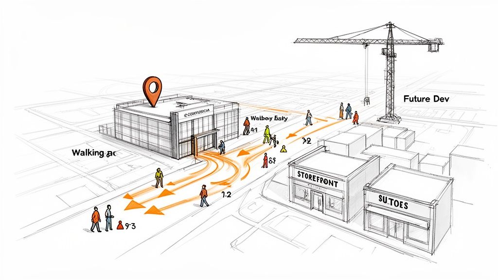 An aerial view sketch of a commercial building with pedestrian paths, surrounding stores, and a future development site.