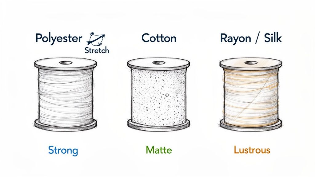 Illustration showing three spools of thread: Polyester, Cotton, and Rayon/Silk, with their properties.