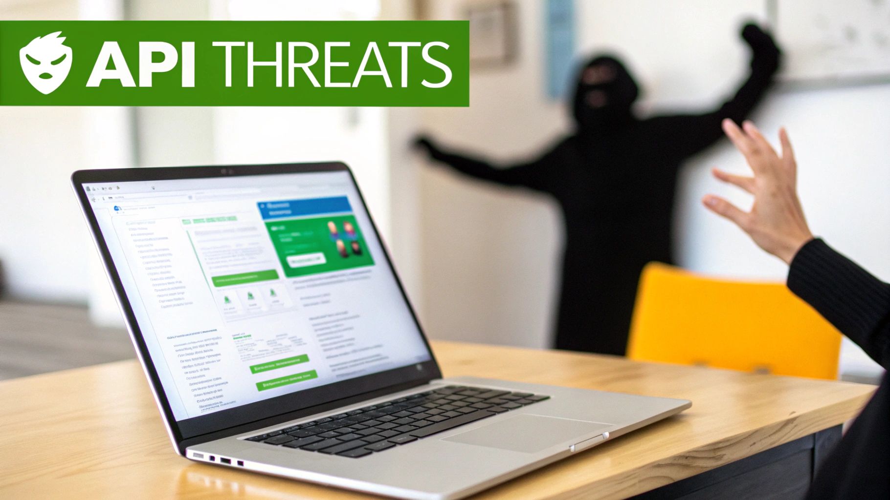 Laptop with 'API THREATS' text, showing a blurred masked figure and a reaching hand, symbolizing cybersecurity risk.