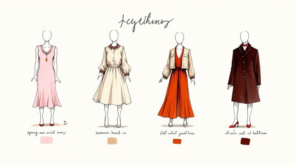 Four fashion illustrations showcase seasonal outfit ideas, including dresses, a jacket, and a coat.