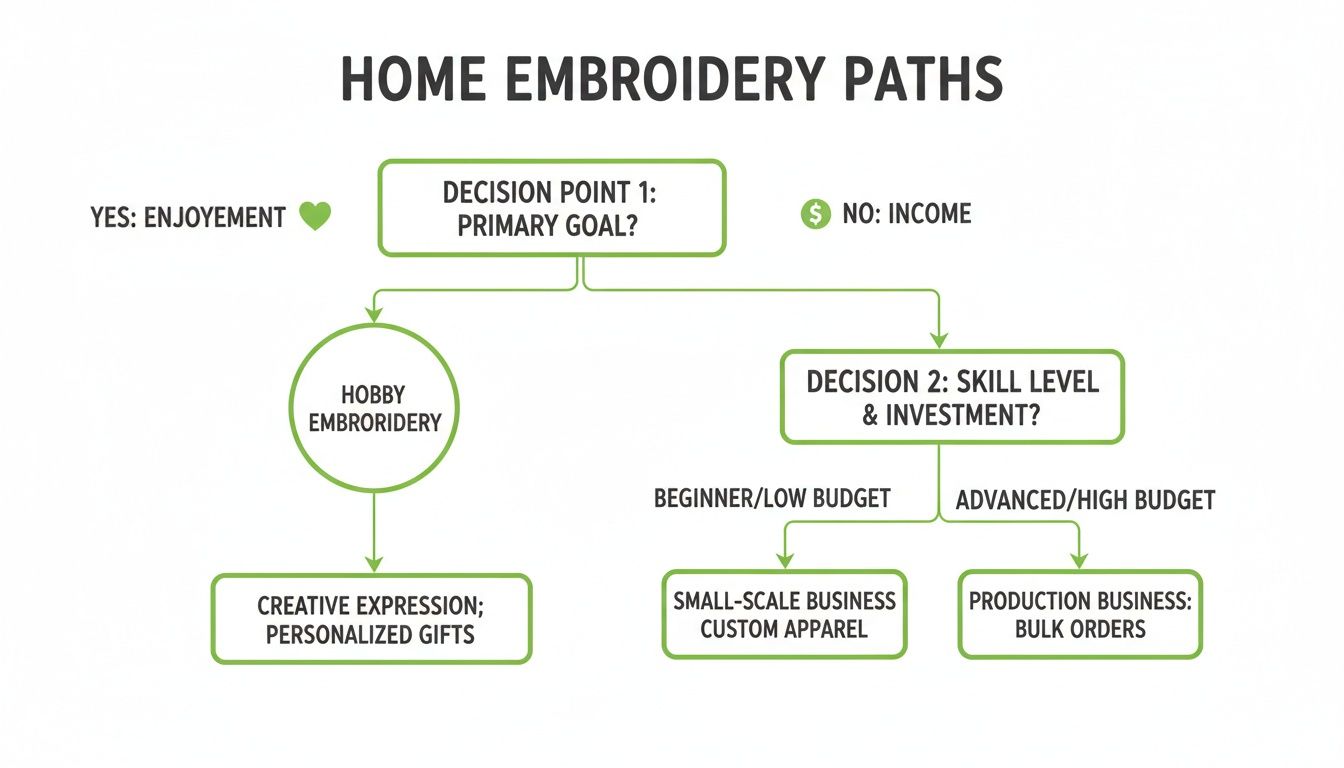 Flowchart illustrating home embroidery paths, distinguishing hobby from business goals based on skill and investment.