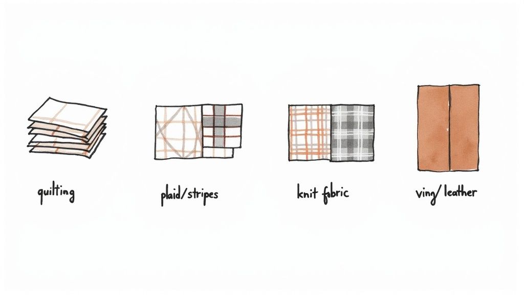 A visual guide illustrating four common fabric types: quilting, plaid/stripes, knit fabric, and vinyl/leather.
