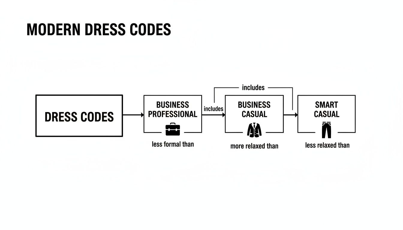 Flowchart illustrating modern dress codes: Business Professional, Business Casual, and Smart Casual, with relationships defined.