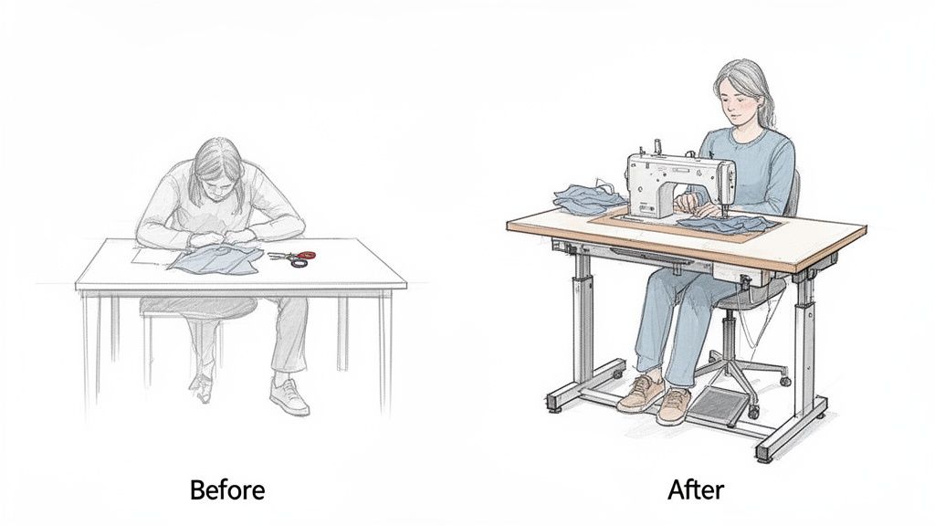 Before and after illustration of a person sewing, showcasing improved ergonomics with a height-adjustable sewing machine table.