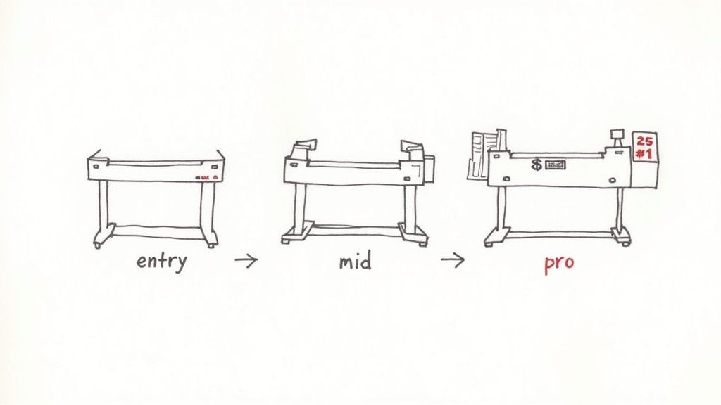 Illustration showing the evolution of longarm quilting machines from entry to professional models.