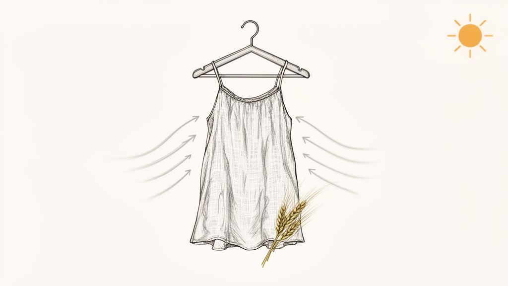 A light dress on a hanger with airflow arrows, wheat stalks, and sun, symbolizing breathable summer fabric.