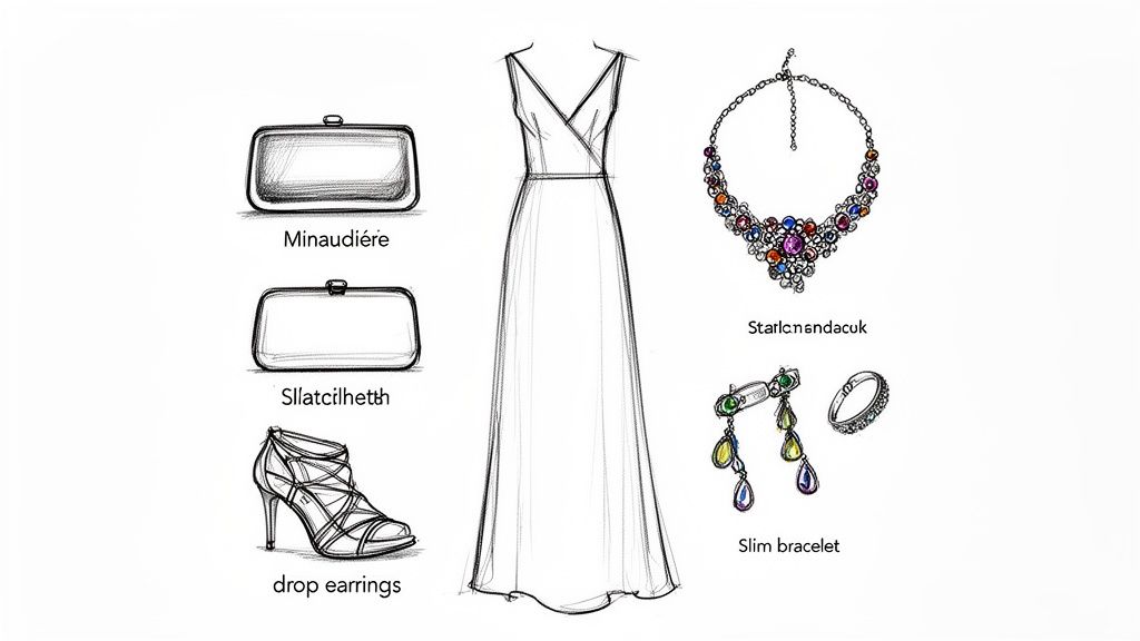 Detailed sketch of a formal dress, clutches, high heels, and various jewelry pieces.