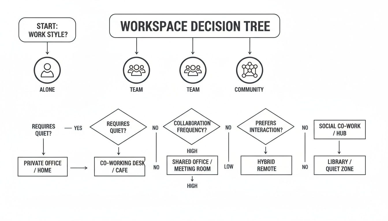 A flowchart workspace decision tree guiding users to ideal work environments based on style and preferences.