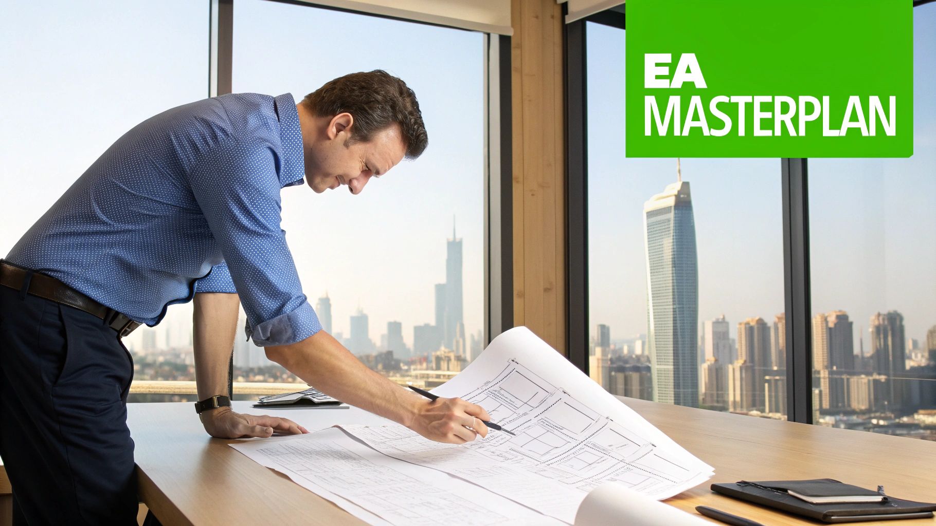 A man reviews architectural blueprints in an office overlooking a city, with an EA Masterplan banner.