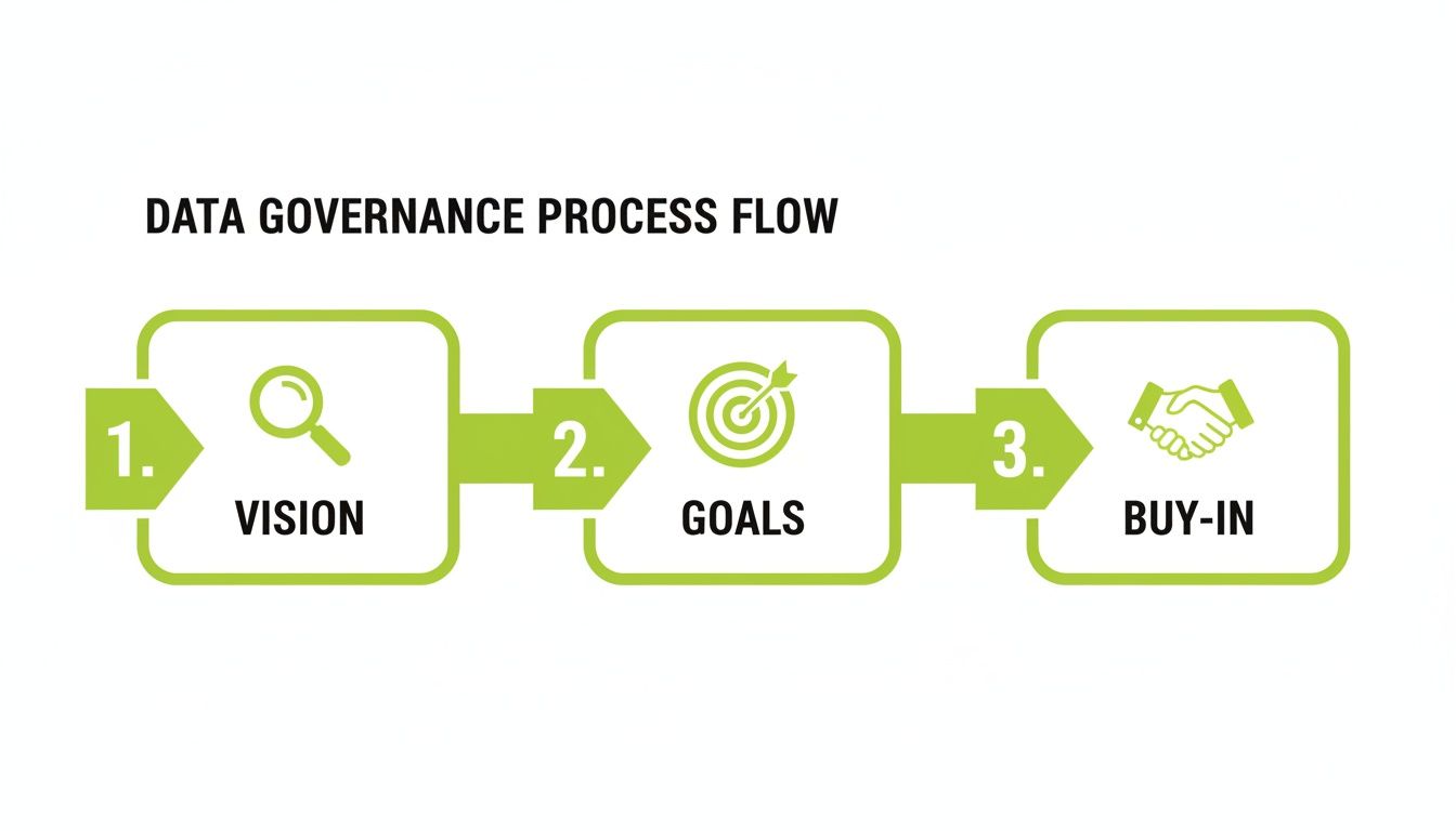 A data governance process flow diagram showing three steps: Vision, Goals, and Buy-in, with corresponding icons.