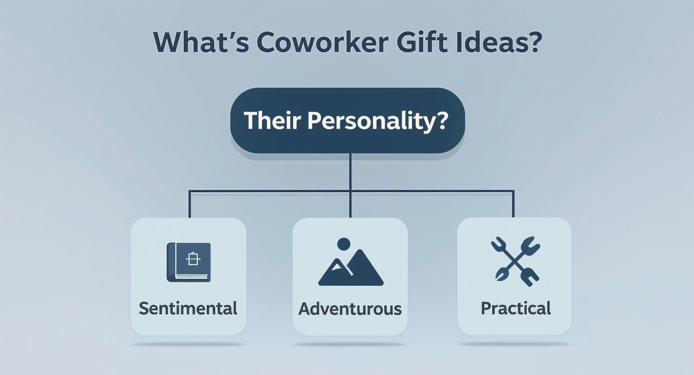 Flowchart outlining coworker gift ideas based on personality types: sentimental, adventurous, and practical.