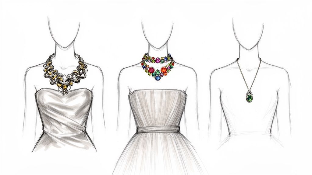 Three fashion illustrations demonstrating different necklace styles paired with strapless dresses.